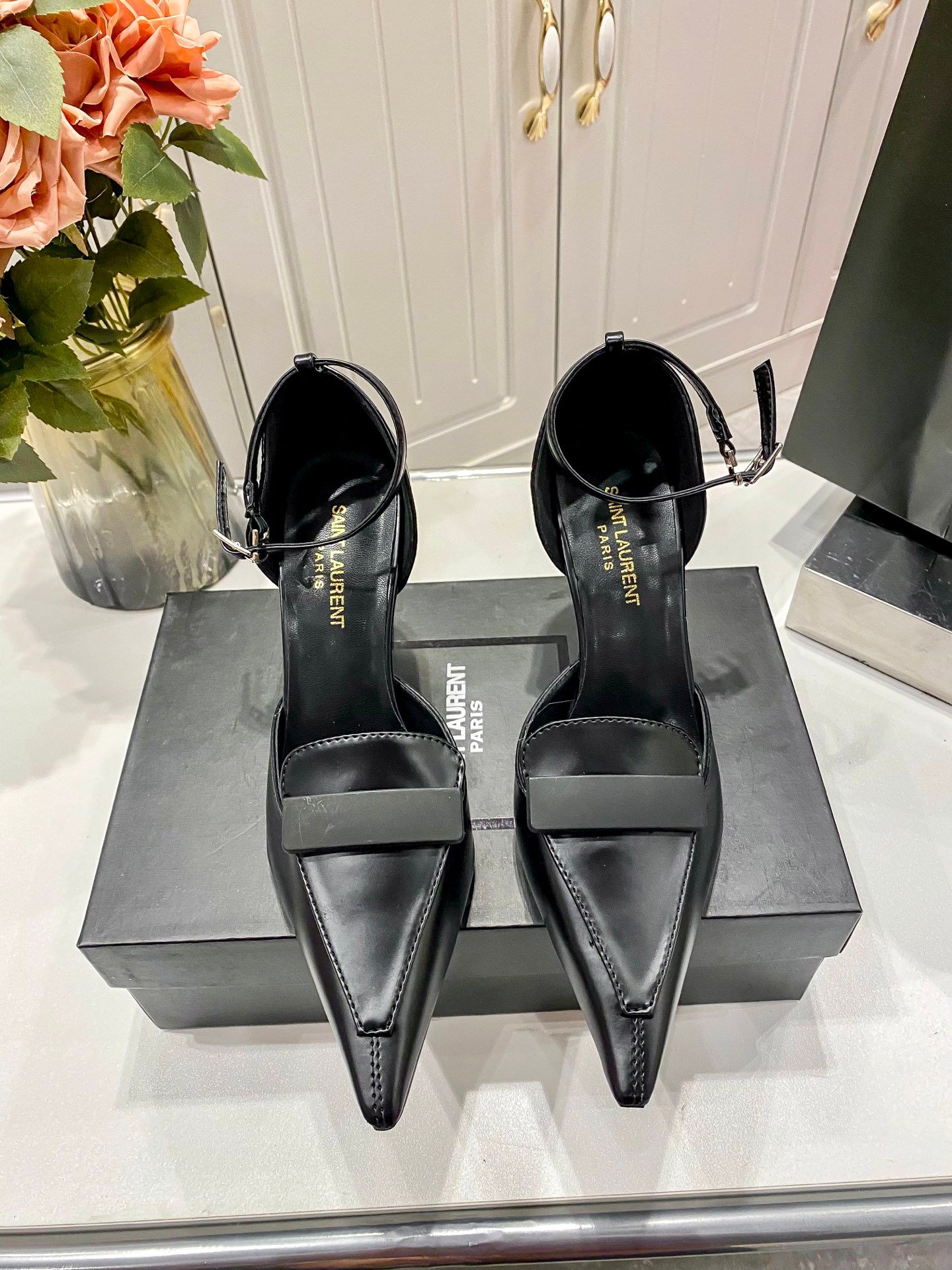 YSL Opyum Pointed Toe Pumps Black Leather - Heels