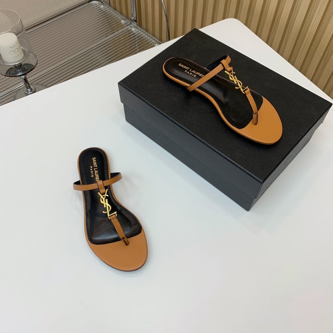 YSL Cassandra Flat Thong Sandals Tan Leather - Sandals - Image 7