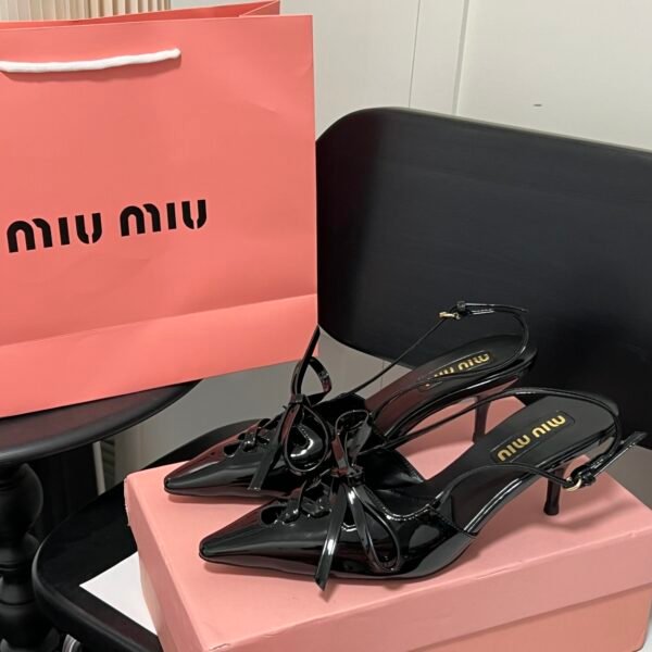 MIU Bow Patent Leather Slingback Heels - Heels