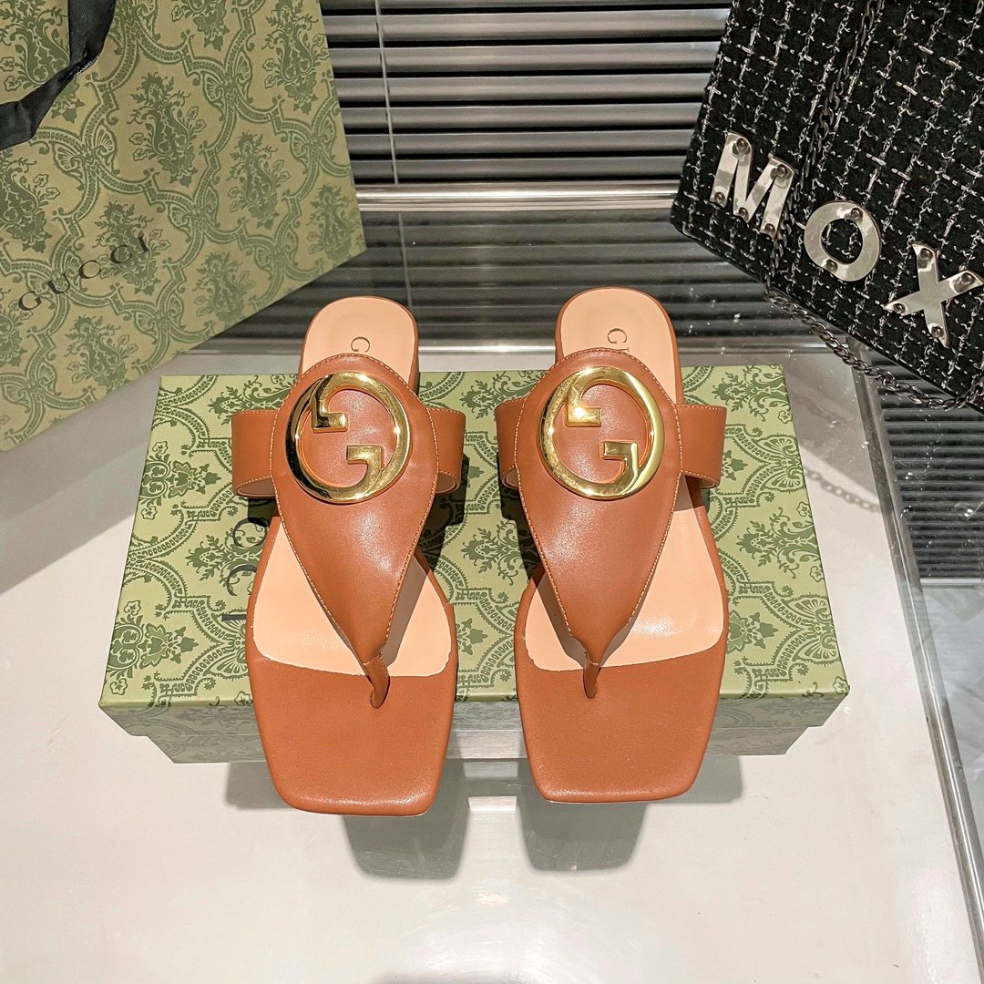 GG Marmont Thong Sandals Brown Leather - Sandals