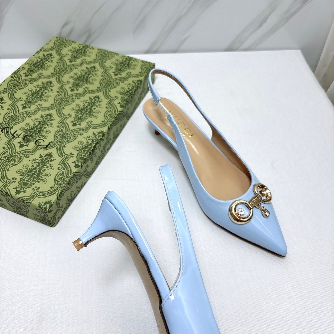 GG Horsebit Slingback Pumps Light Blue Patent Leather - Heels - Image 8