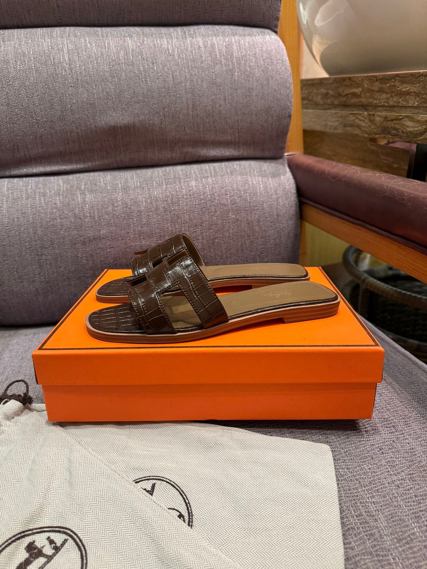 HM Oran Sandals Brown Crocodile Embossed Leather - Slides - Image 3
