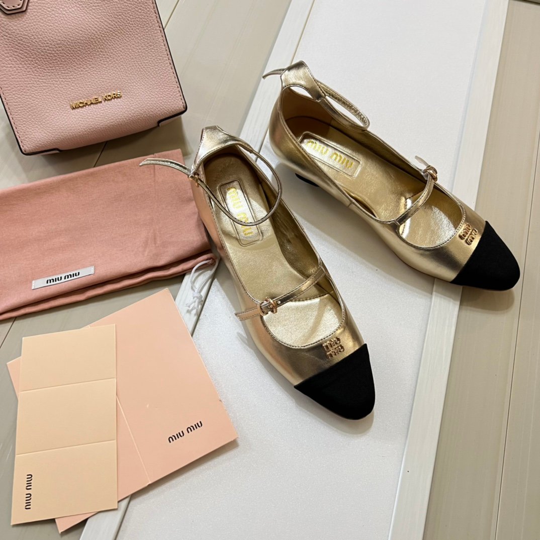 MIU Mary Jane Ballerina Gold/Black Leather - Shoes - Image 3