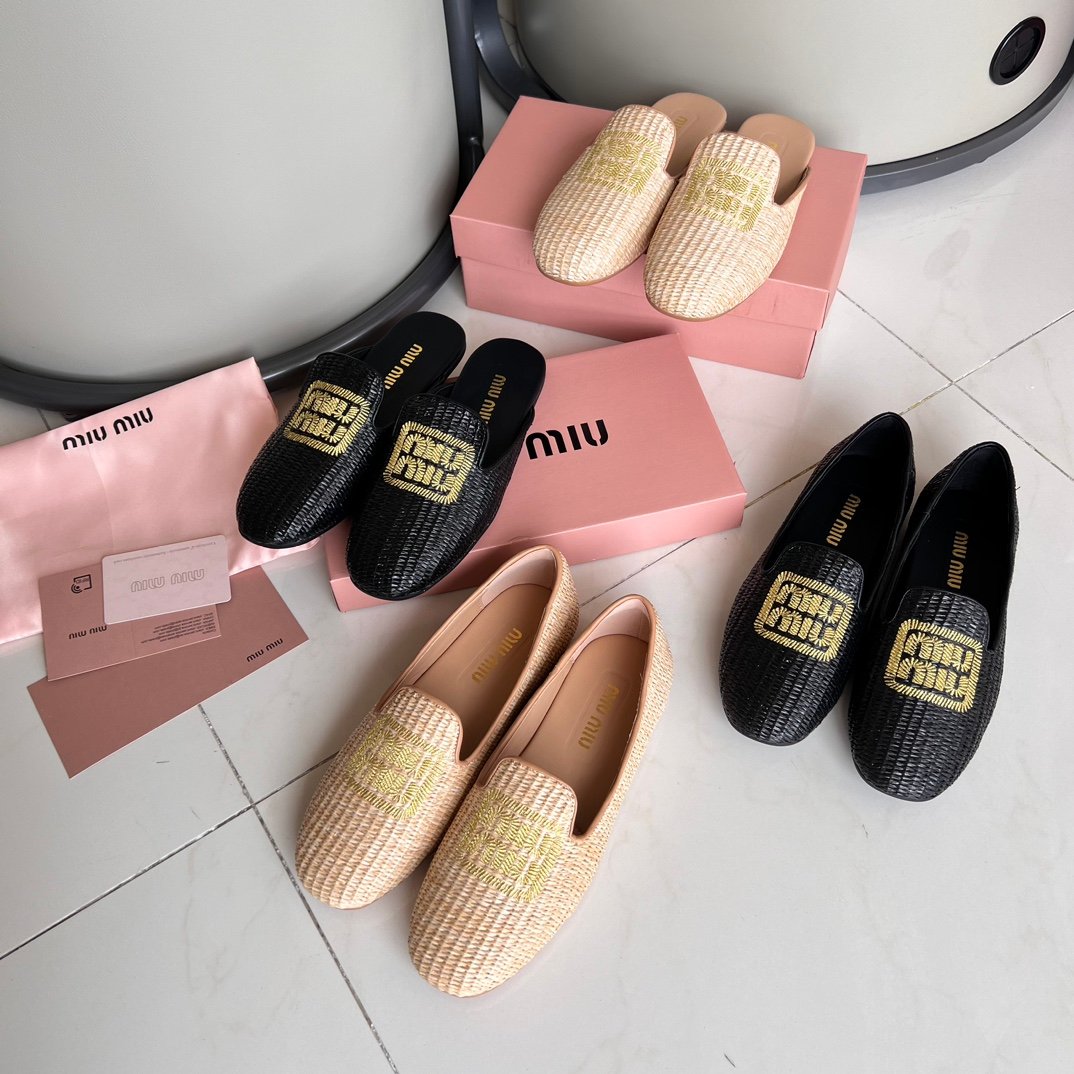 MIU Raffia Loafers Black and Beige Raffia - Shoes - Image 3