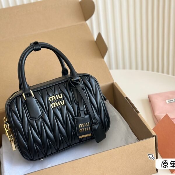 MIU Matelassé Nappa Leather Top Handle Bag Black/Yellow/Brown - Bag