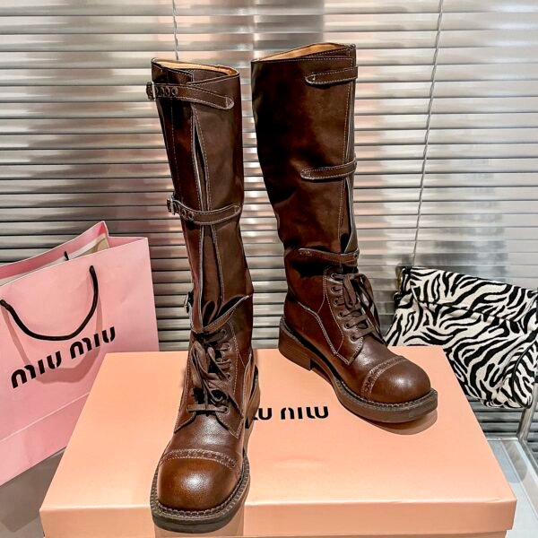 MIU Buckled Leather Knee-High Boots - Boots