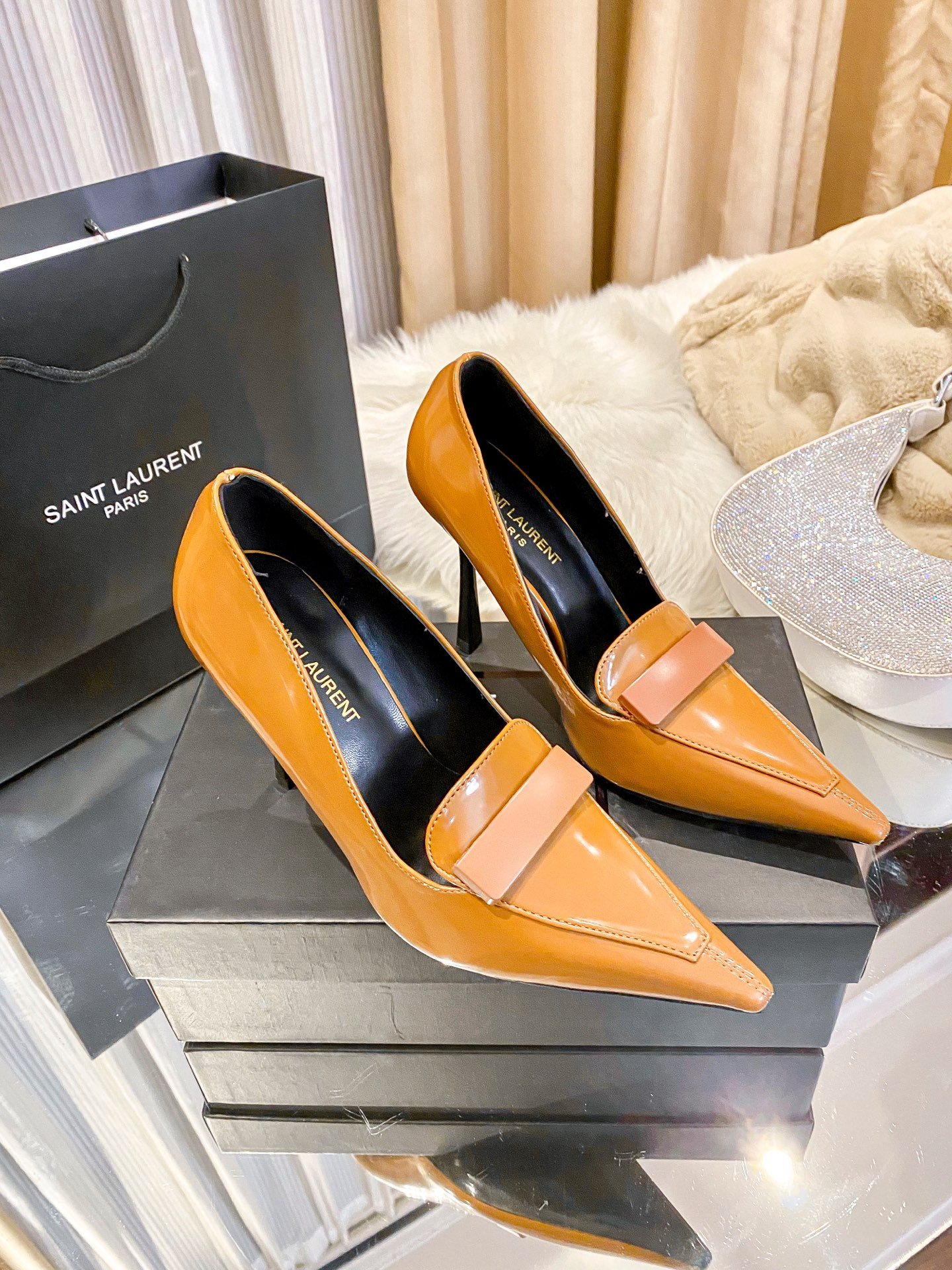 YSL New Retro Pointed Toe Pumps Tan Leather - Heels - Image 5
