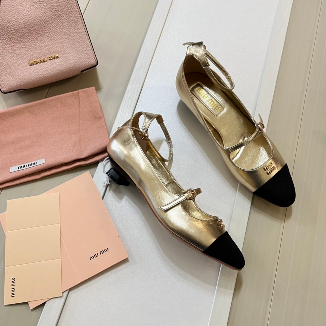 MIU Mary Jane Ballerina Gold/Black Leather - Shoes - Image 2