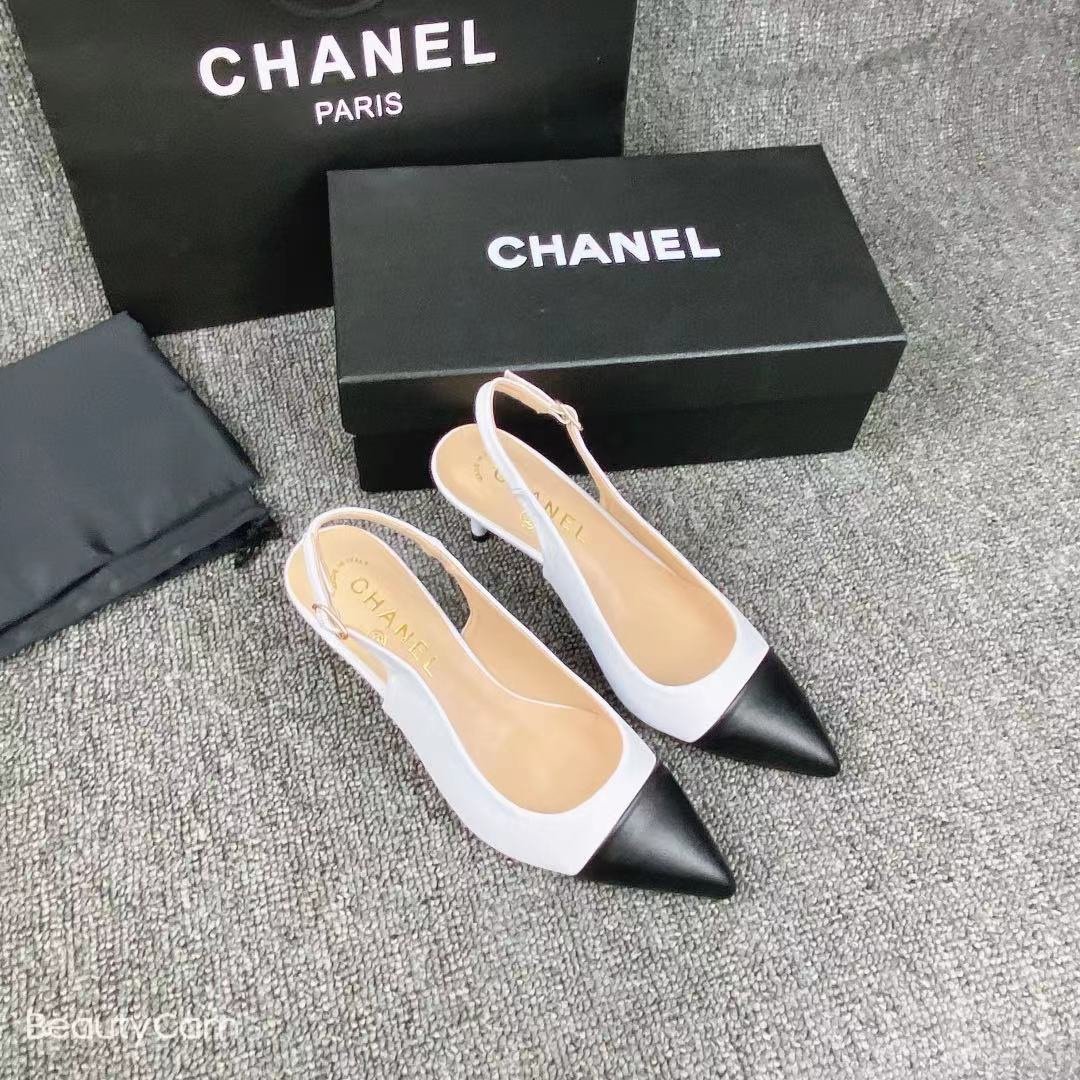 CC Slingback Pumps White/Black Leather - Heels