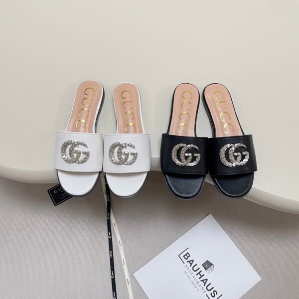 GG Double G Crystal Slide White/Black Leather - Slides