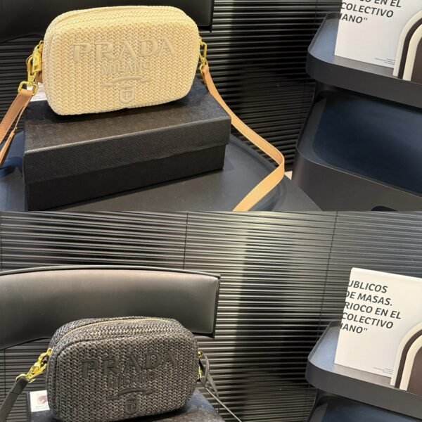 PR Raffia Camera Bag Beige and Black Raffia - Bag