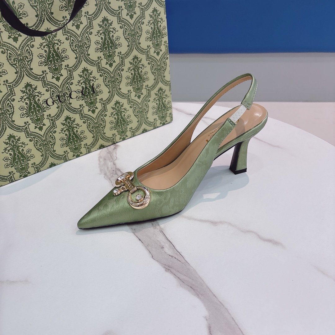 GG Horsebit Slingback Pump Green Satin - Heels - Image 7