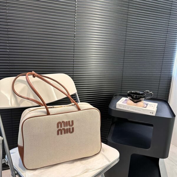 MIU Logo Canvas Tote Beige/Brown Leather - Bag