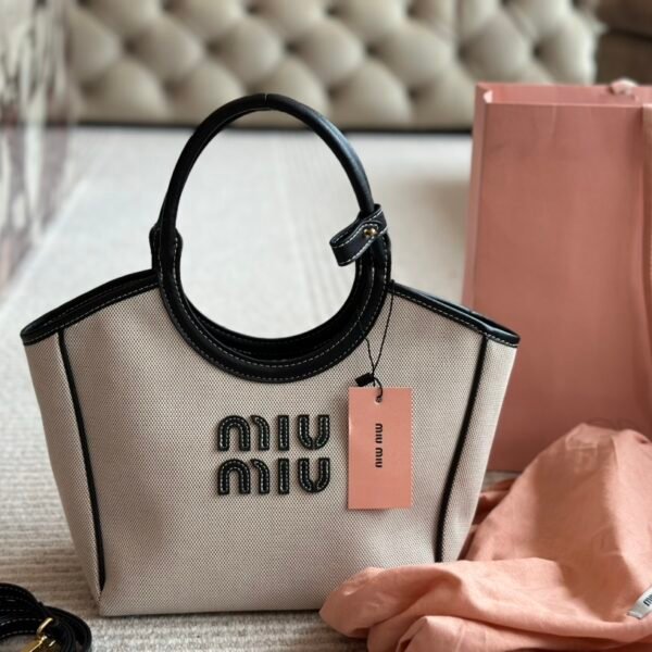 MIU Logo Canvas Tote Beige/Black Canvas - Bag