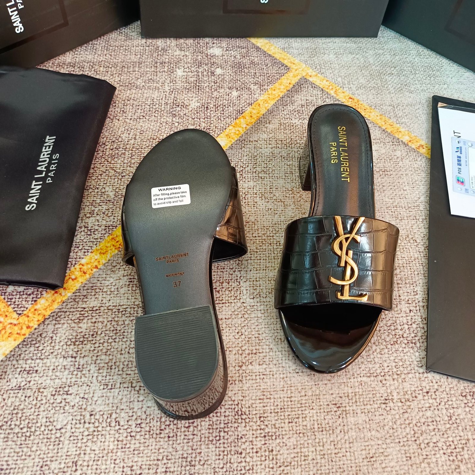 YSL Cassandra Patent Leather Mules Black - Heels - Image 7