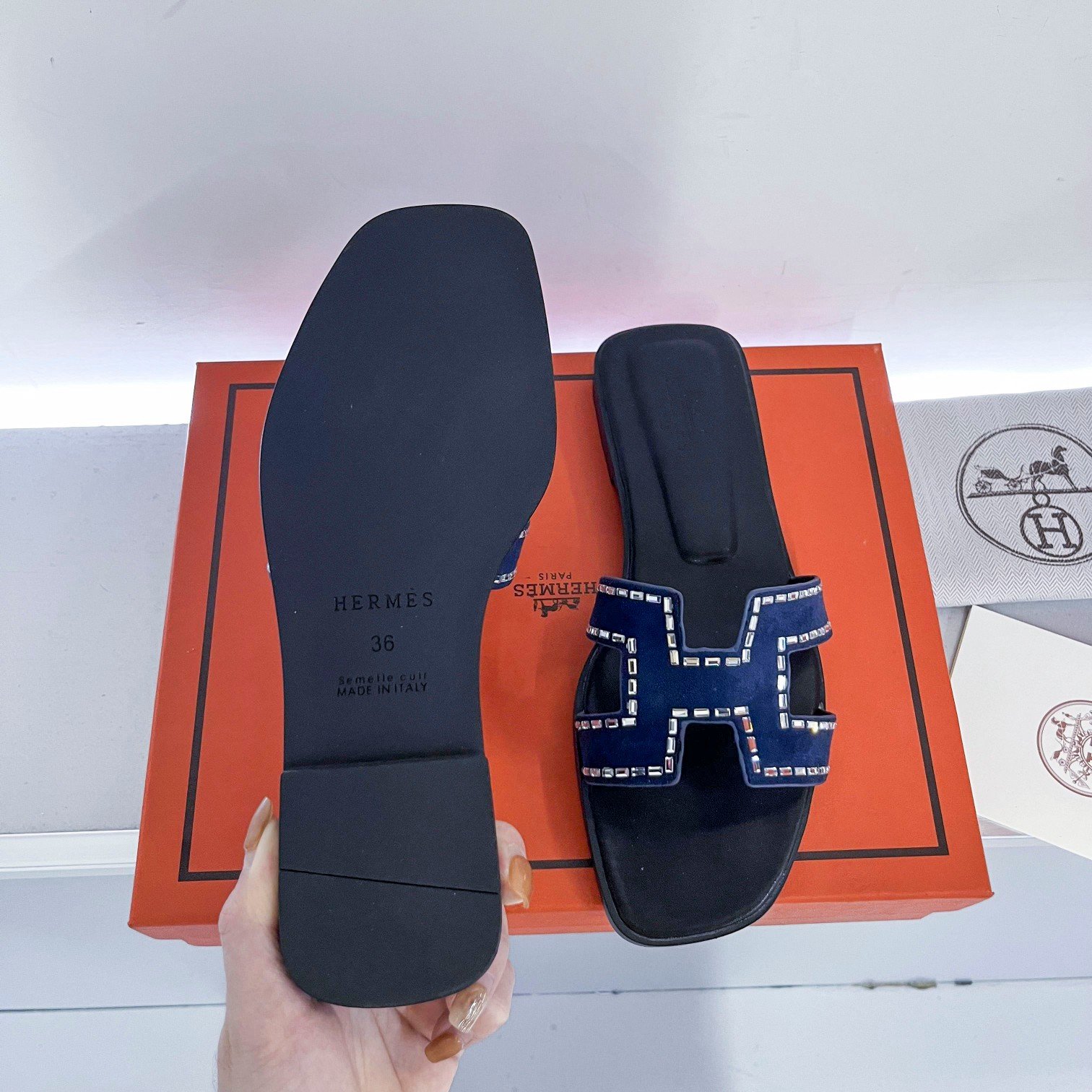 HM Oran Sandals Blue Suede with Crystals - Slides - Image 8