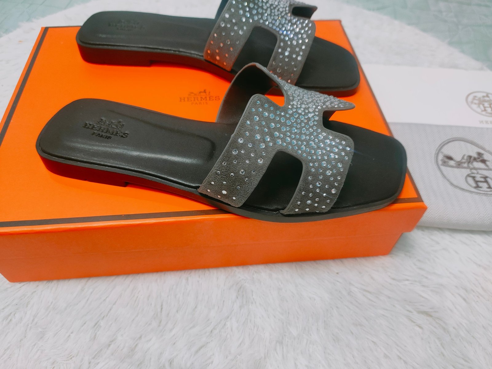 HM Oran Sandals Black Leather with Crystals - Slides - Image 5