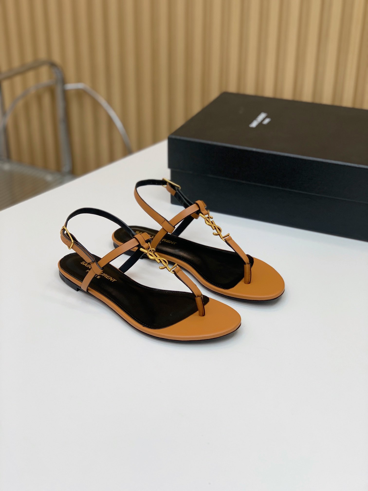 YSL Cassandra Flat Sandals Tan Leather - Sandals - Image 2