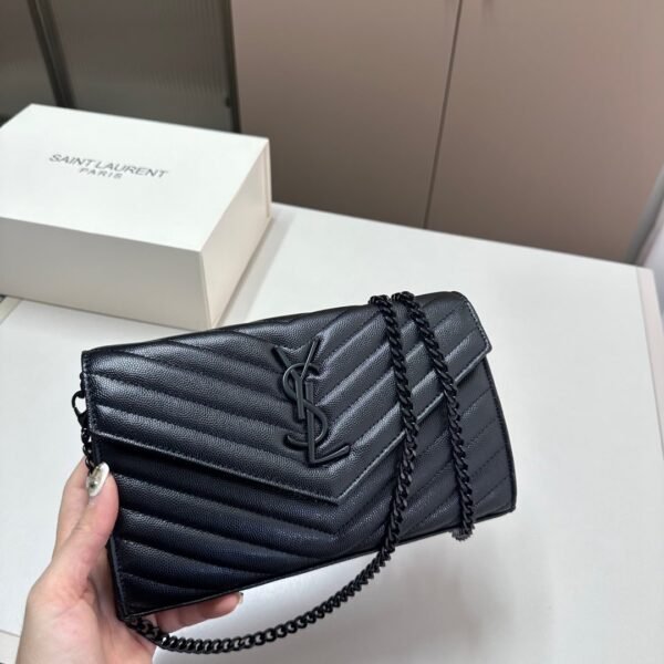 YSL Envelope Chain Wallet Black/White Leather - Bag