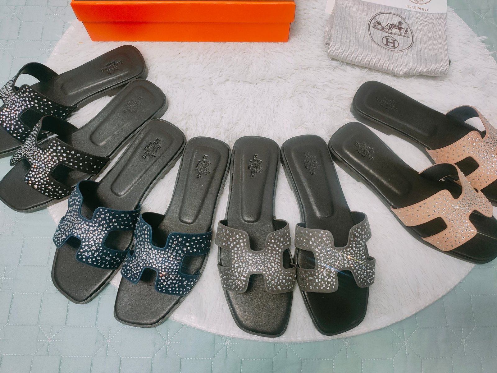 HM Oran Sandals Black Leather with Crystals - Slides - Image 8