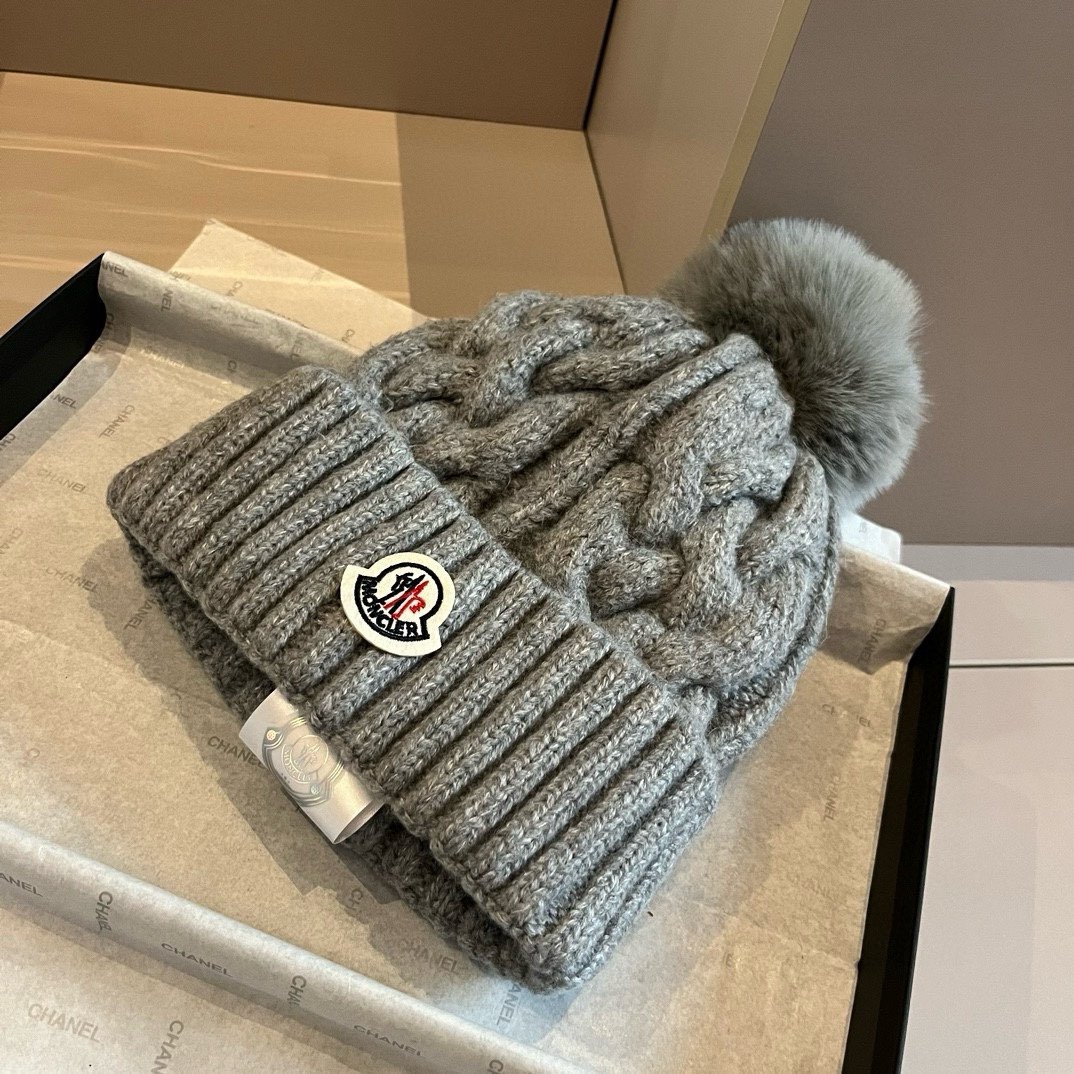 MCL Cable Knit Pom Pom Beanie Grey Wool - Hat - Image 4