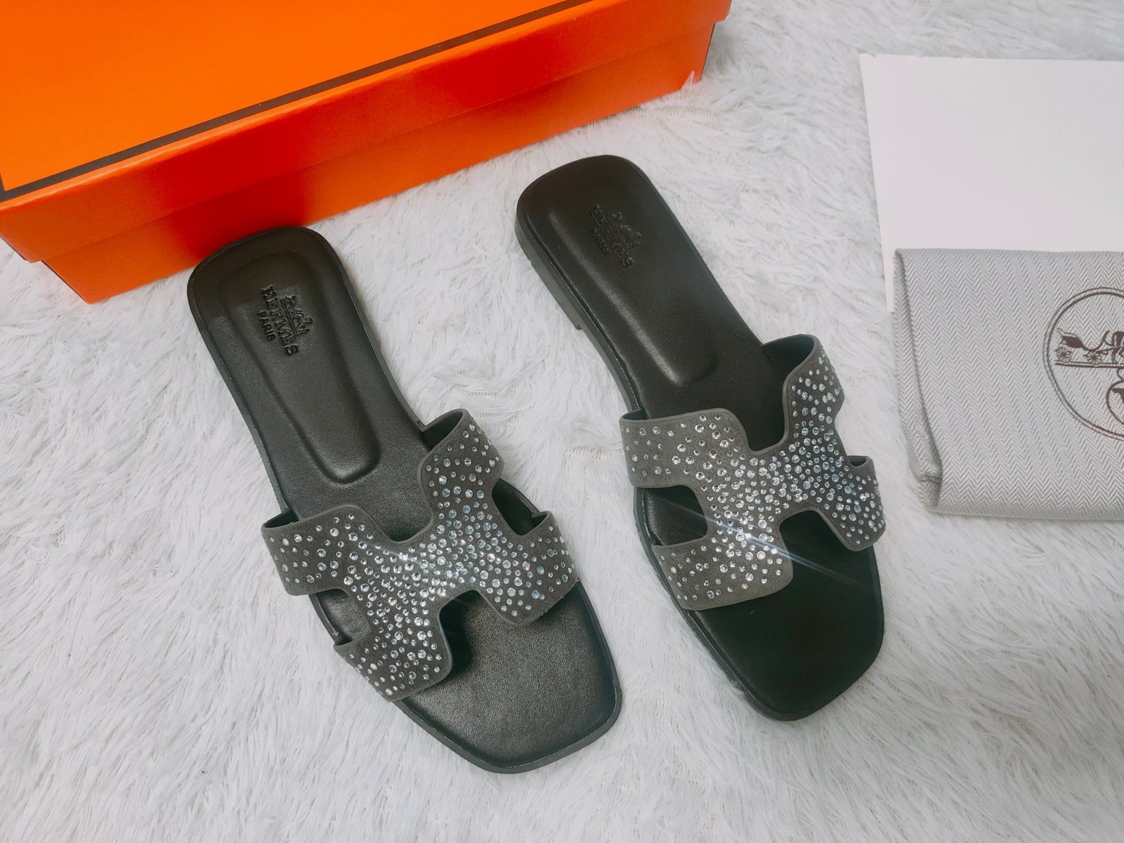 HM Oran Sandals Black Leather with Crystals - Slides - Image 3