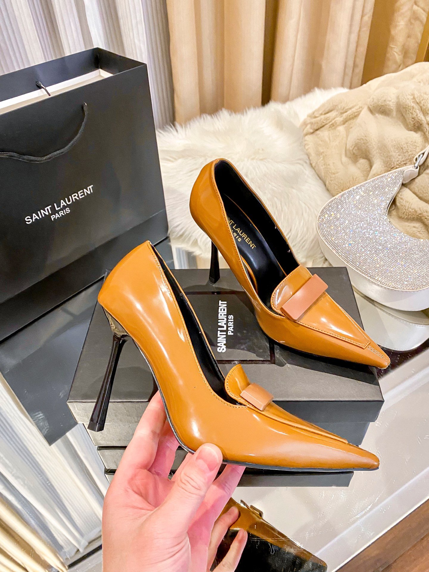 YSL New Retro Pointed Toe Pumps Tan Leather - Heels - Image 4