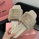 MIU Shearling Fur Slides Beige Fur – Slides