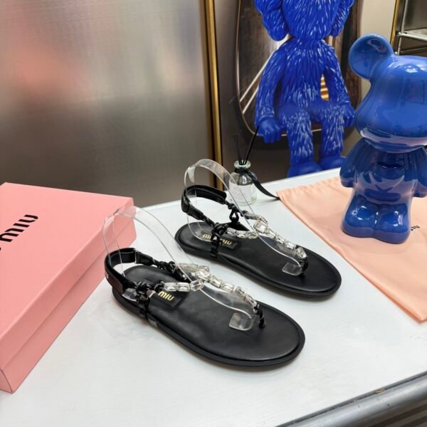 MIU Crystal Embellished Sandals Black Leather - Sandals