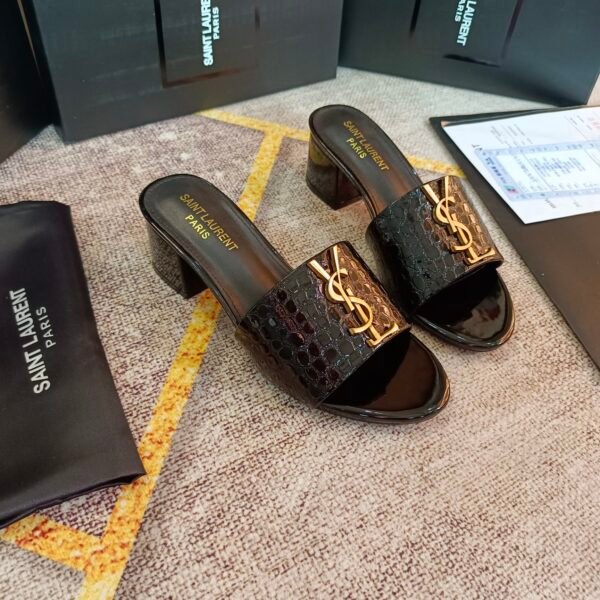 YSL Cassandra Block Heel Sandals Black Croc Embossed Leather - Sandals