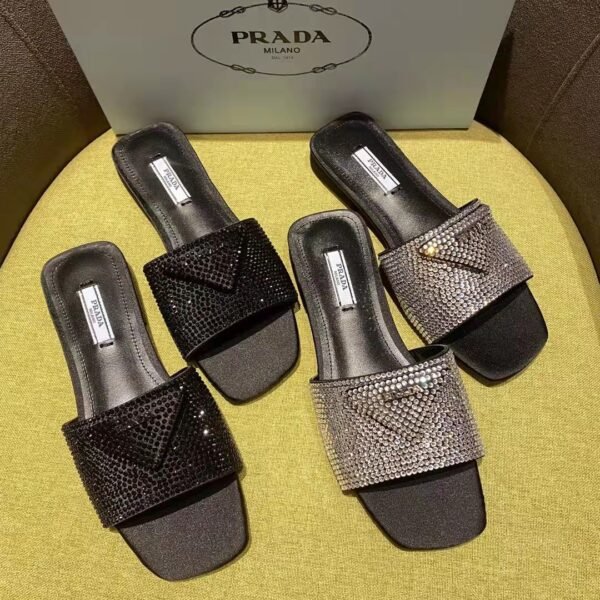PR Crystal Embellished Square-Toe Slides Black and Silver - Slides