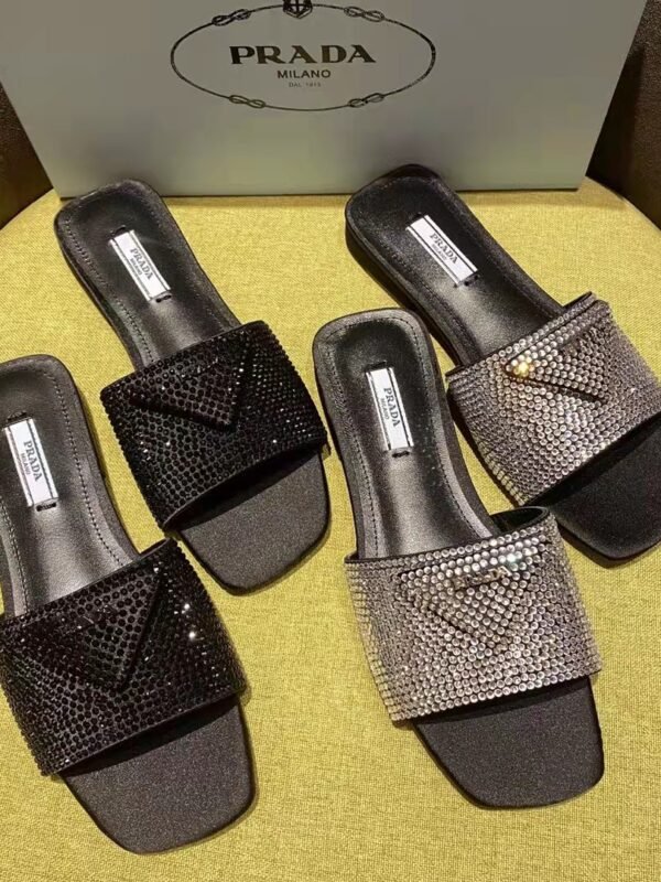 PR Crystal Embellished Square-Toe Slides Black and Silver – Slides